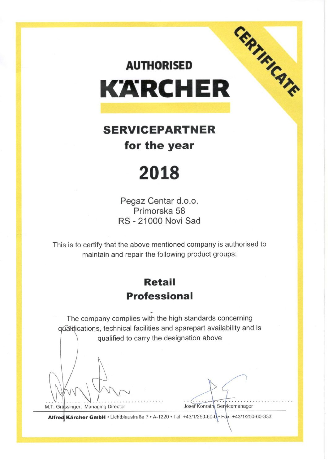 Pegaz Centar d.o.o. - ovlašćeni distributer i servis za Karcher uređaje za 2018. godinu